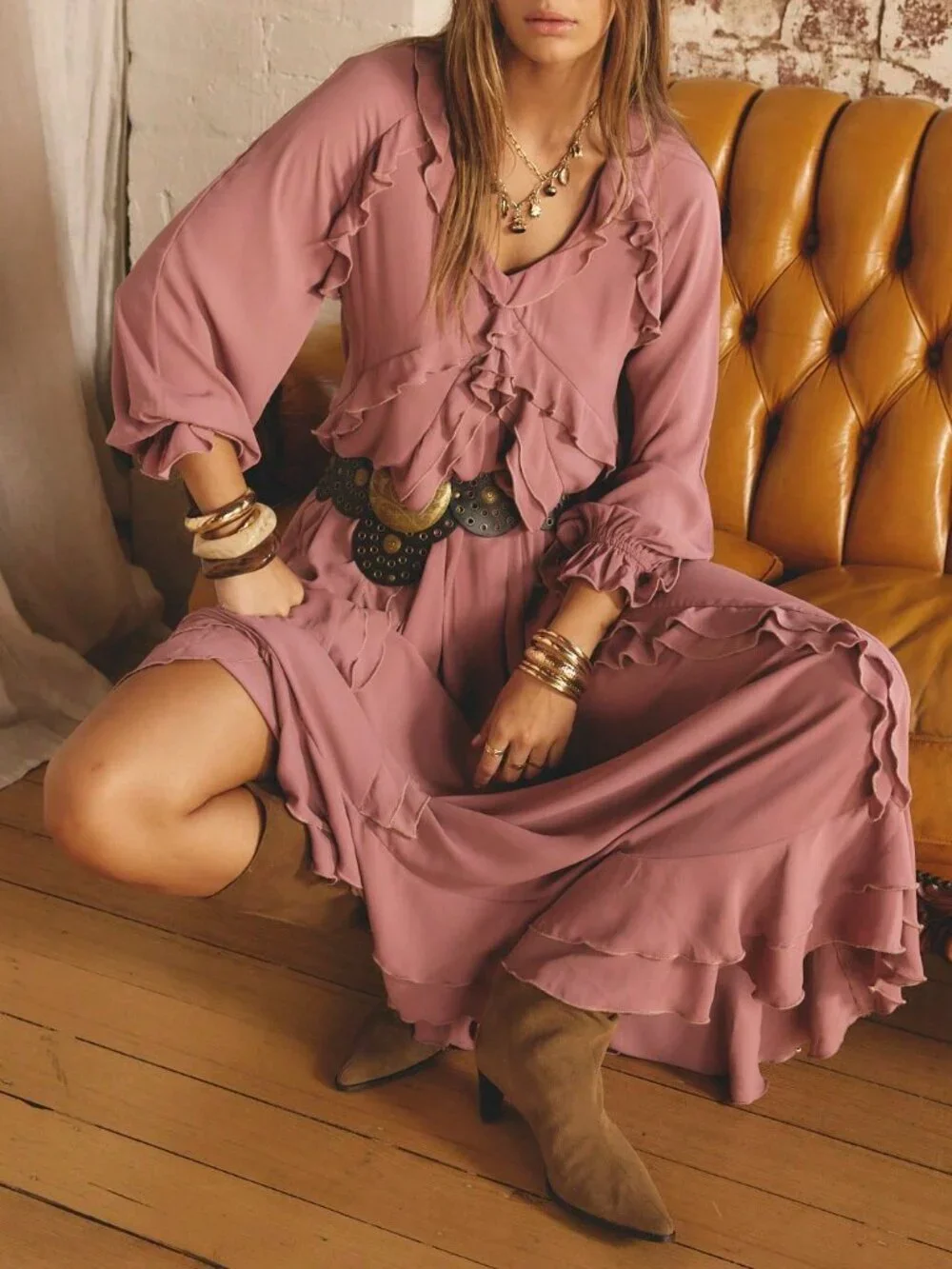 Dusty Pink Boho Beauty Women's Ruffled detailed Maxi Dress - Picture 11 of 11